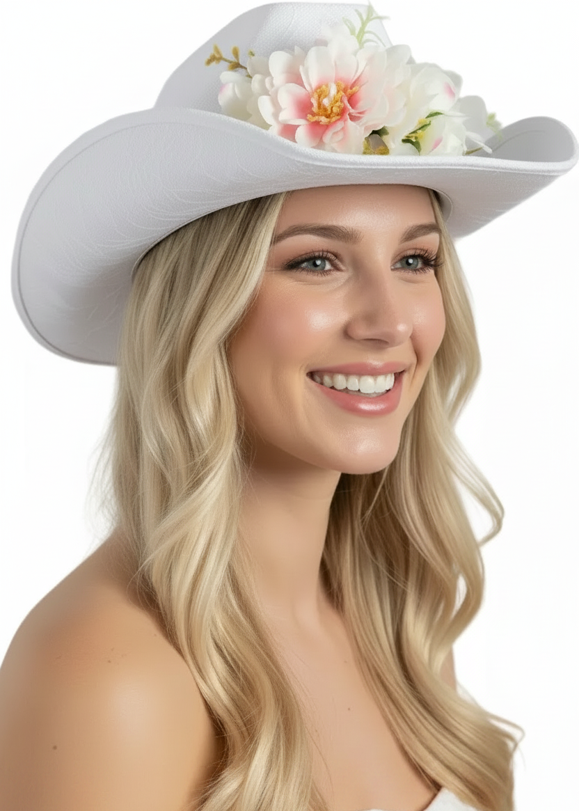 Floral White Lace Cowgirl Costume Hat with Pastel Flowers - main imgage