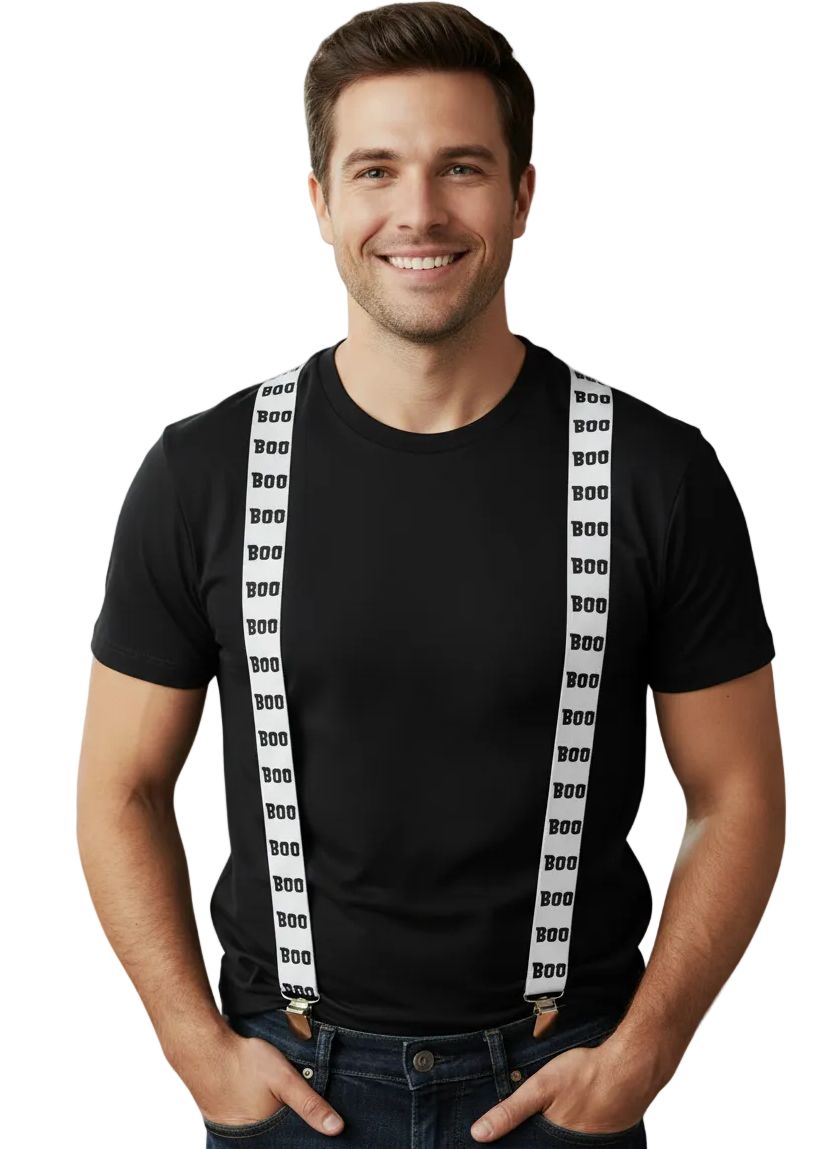 Black and White Boo Print Suspenders Halloween Costume Accessory - Main Image