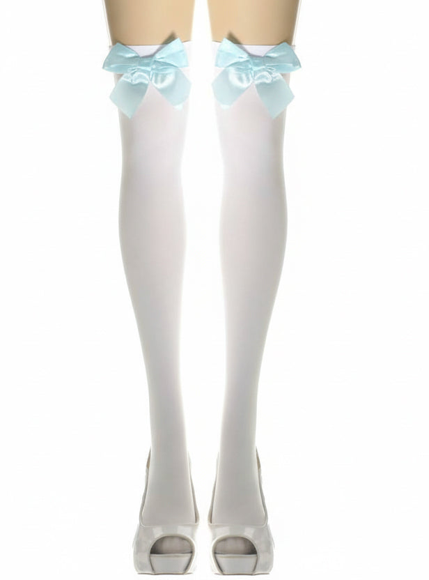 White Thigh High Costume Stockings with Pale Blue Bows - Main Image