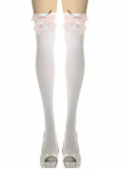 White Thigh High Costume Stockings with Pale Pink Bows - Main Image