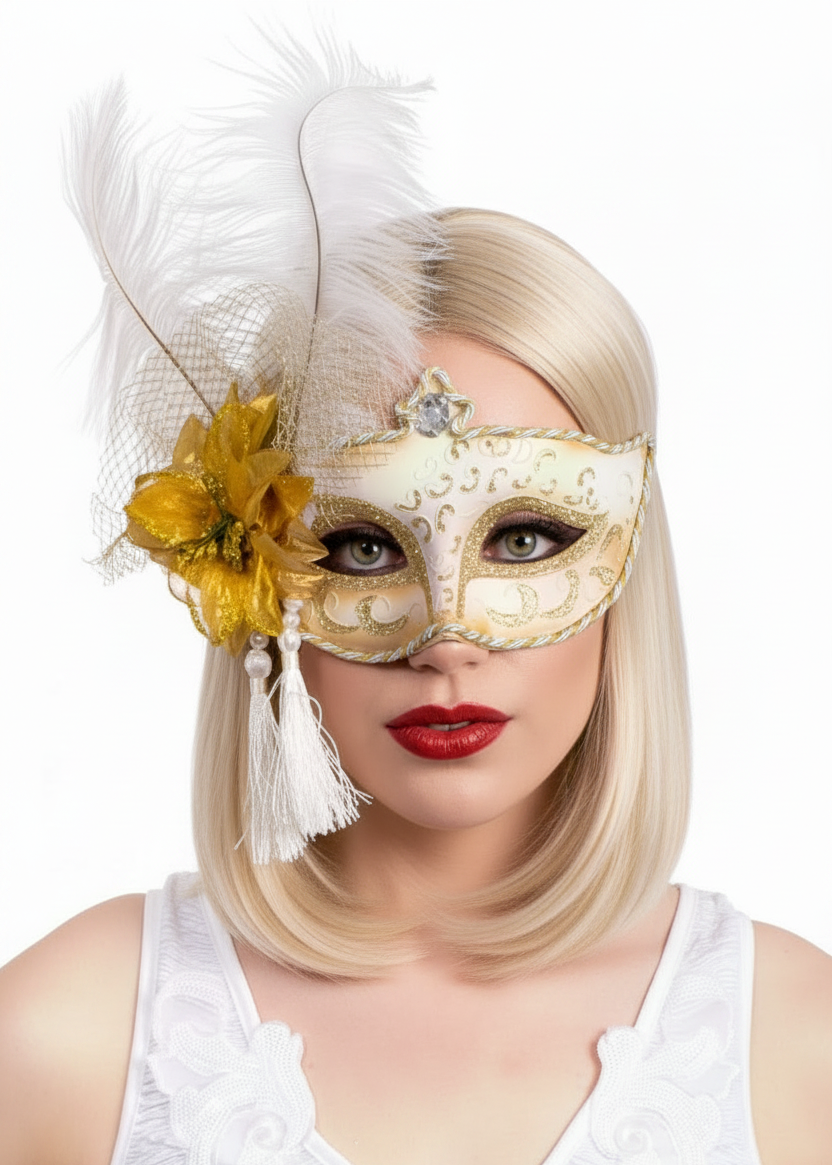 Womens White and Gold Antoinette Masquerade Mask with Feathers - Main Image