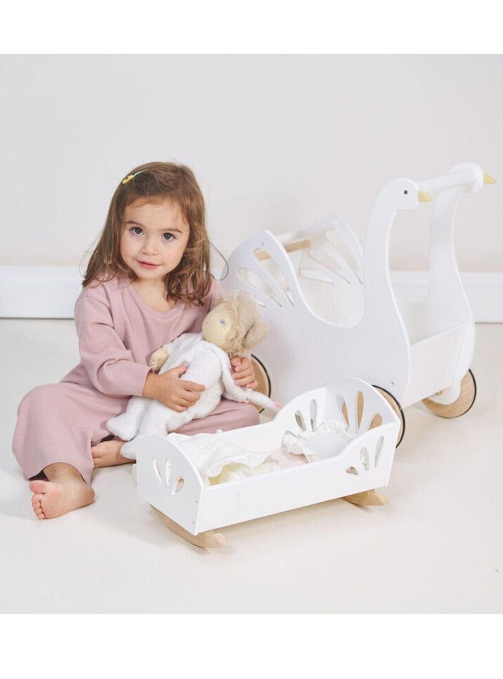 White Wooden Baby Doll Swan Bed - Lifestyle Image