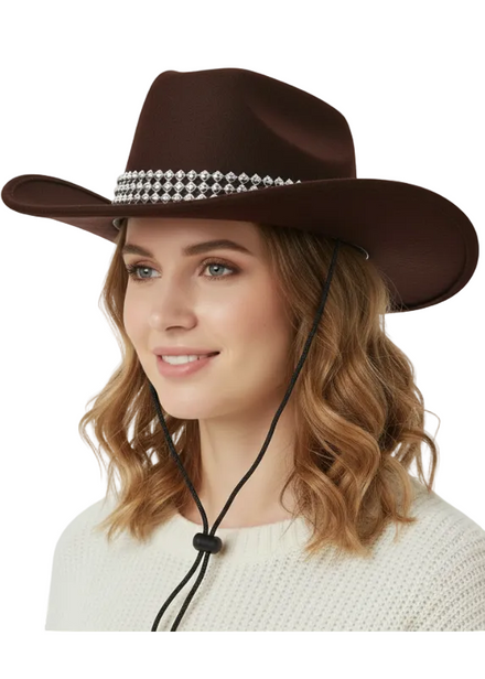 Wild West Brown Cowboy Costume Hat with Silver Band - Main Image