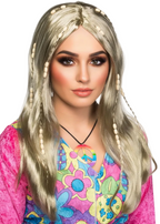 Long Blonde Womens 70s Hippie Costume Wig With Beads - Main Image
