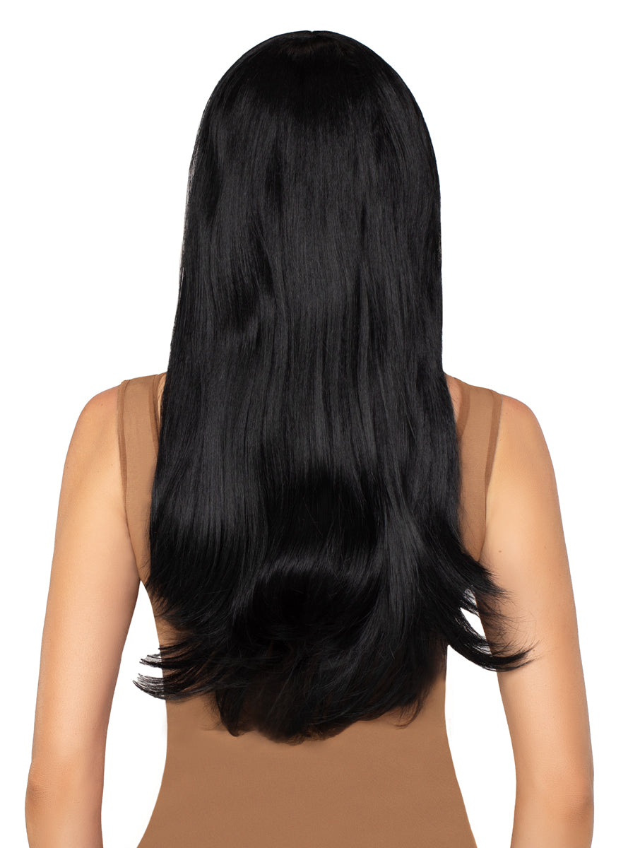 Bangin Black Long Straight Women's Costume Wig Wih Fringe - Back Image 