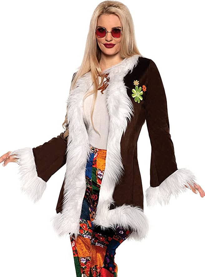 Womens Boho Furry Brown 1970s Hippie Costume Jacket