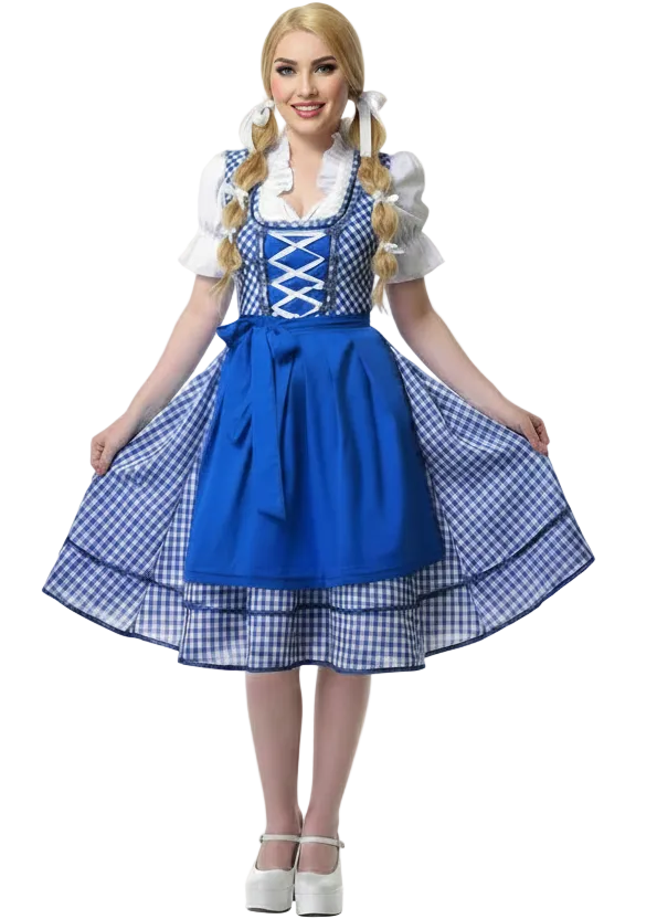 Long Blue and White Checkered Women's Oktoberfest Costume - Main Image