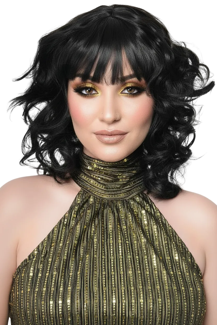 Womens Black 1970s Curly Shag Style Costume Wig - Main Image