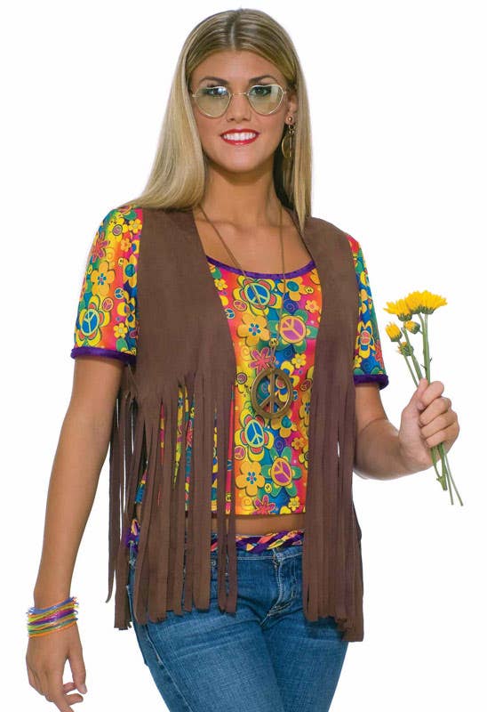 Women's Fringed Brown Faux Suede 1960's Hippie Costume Vest - Alternative View