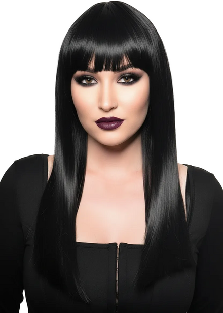 Long Straight Black Deluxe Heat Resistant Fashion Wig with Fringe - Main Image