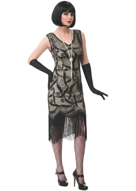 Light Olive Green and Black Plus Size Women's Deluxe Sequinned Gatsby Costume Dress - Main Imafge