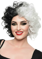 Extra Short Curly Black and White Split Colour Cruella Costume Wig - Main Image
