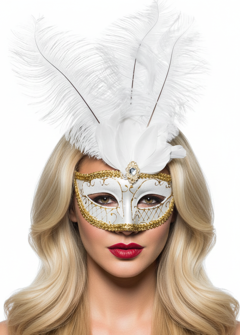 White and Gold Womens Masquerade Mask with Tall White Feathers - Main Image