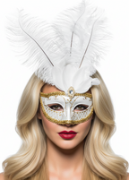 White and Gold Womens Masquerade Mask with Tall White Feathers - Main Image
