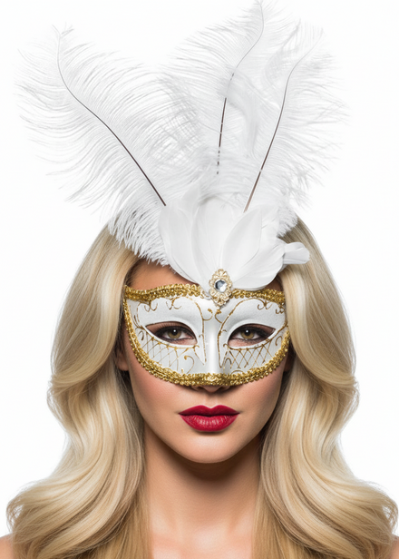 White and Gold Womens Masquerade Mask with Tall White Feathers - Main Image