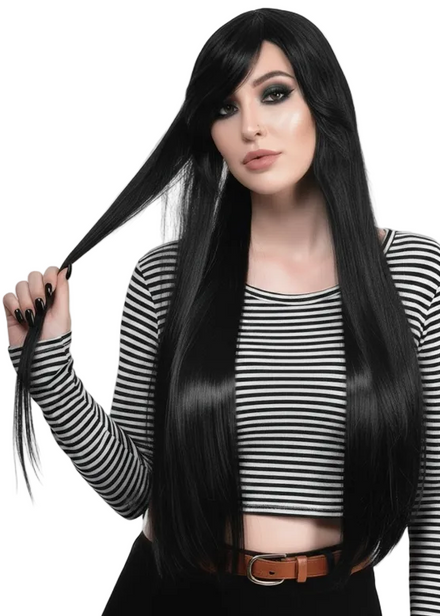Extra Long Straight Black Women's Costume Wig with Side Fringe - main image