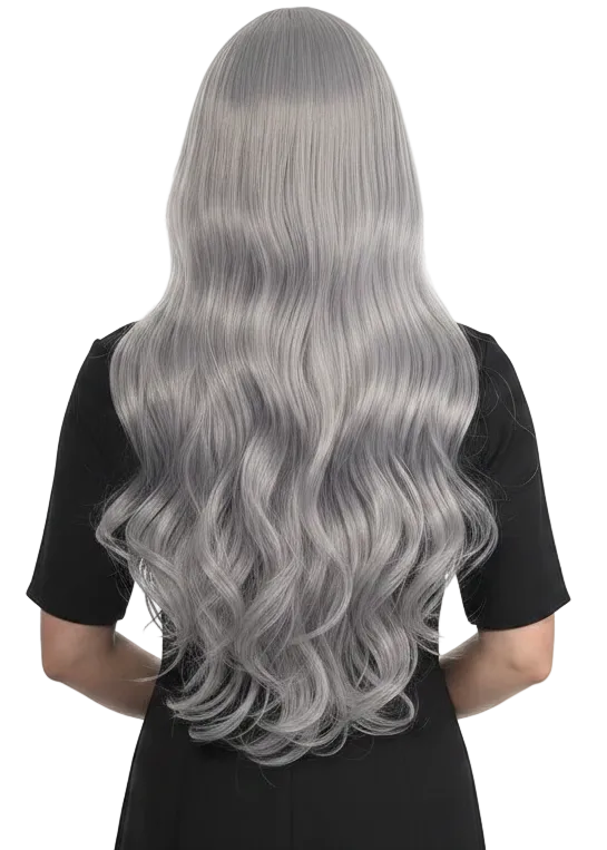 Extra Long Curly Silver Grey Women's Costume Wig - Back Image