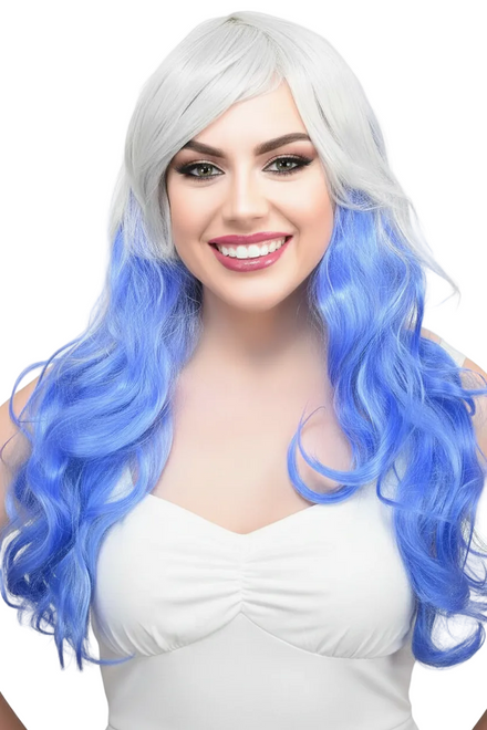 Grey and Blue Women's Curly Wig with Side Fringe - Main Image