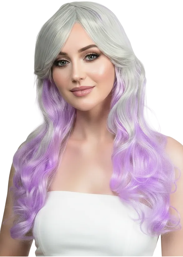 Womens Silver and Pastel Purple Wavy Wig with Side Fringe- main image