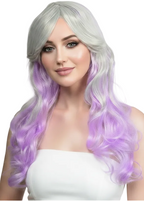 Womens Silver and Pastel Purple Wavy Wig with Side Fringe- main image