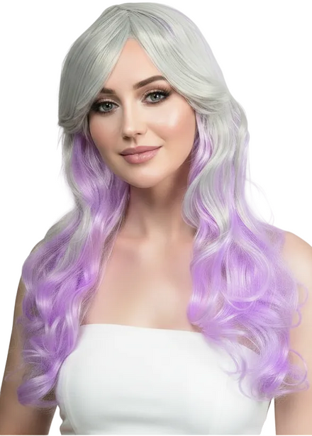 Womens Silver and Pastel Purple Wavy Wig with Side Fringe- main image