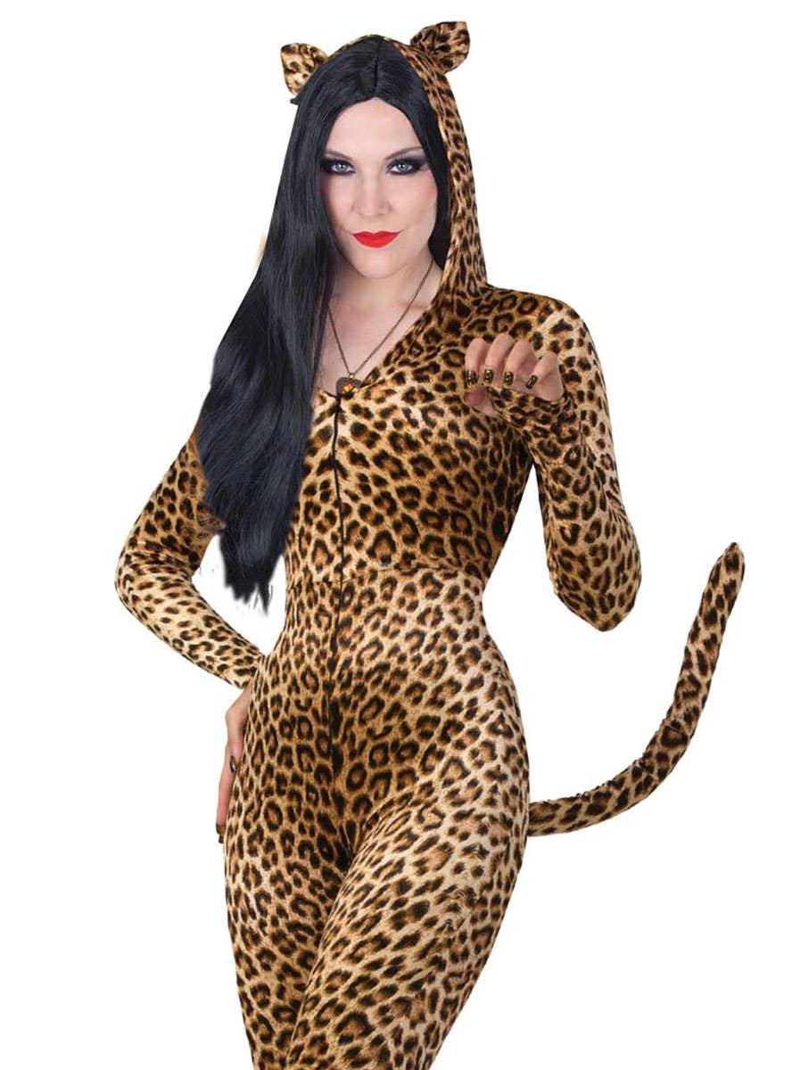 Womens Hooded Leopard Print Catsuit Costume