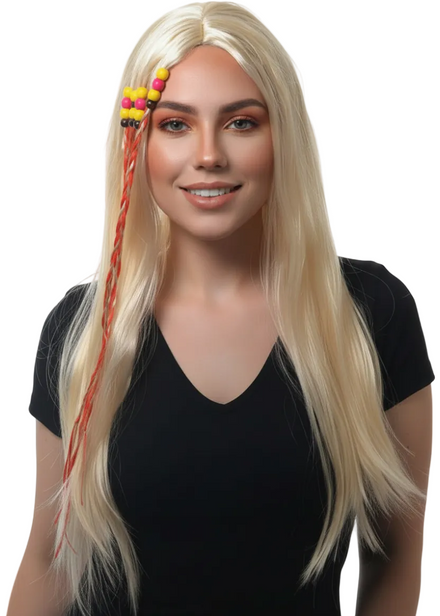Long Blonde Women's 70s Beaded Hippie Costume Wig - Main Image
