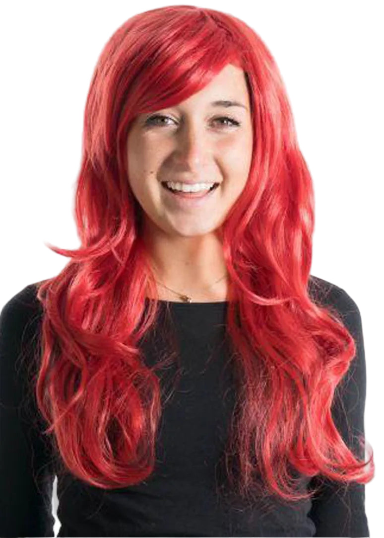 Womens Long Red Curly Costume Wig With Side Fringe Front Image