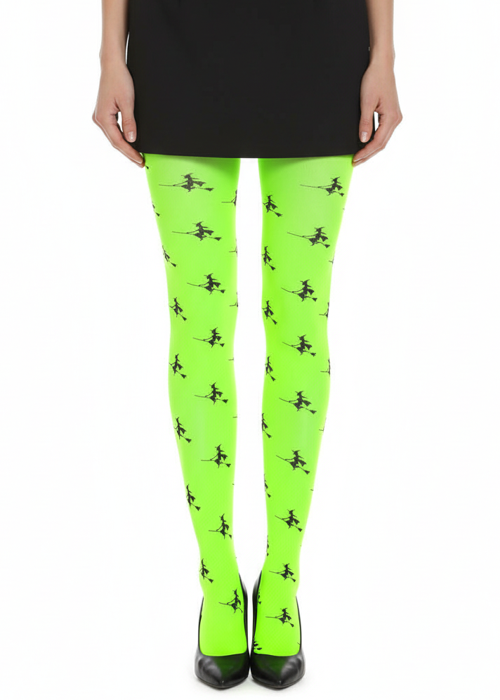 Image of Full Length Neon Green Stockings with Flying Witch Print - Main Image