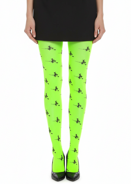 Image of Full Length Neon Green Stockings with Flying Witch Print - Main Image