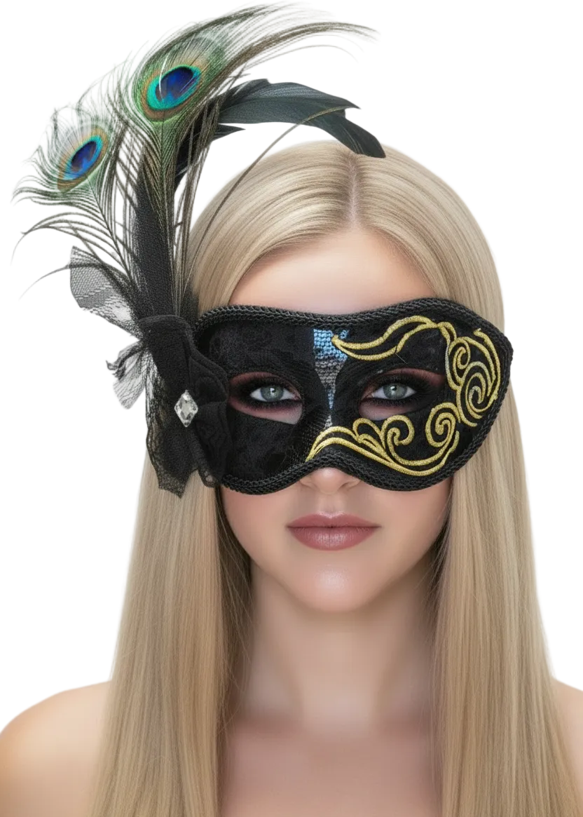 Peacock Feather Womens Black and Gold Masquerade Mask - Main Image