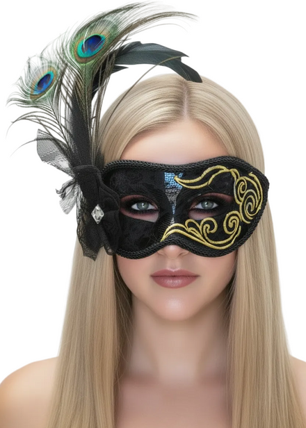 Peacock Feather Womens Black and Gold Masquerade Mask - Main Image
