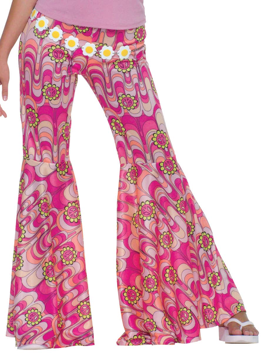 Pink Flower Power Hippie 70s Bell Bottom Womens Costume Pants - Close Image