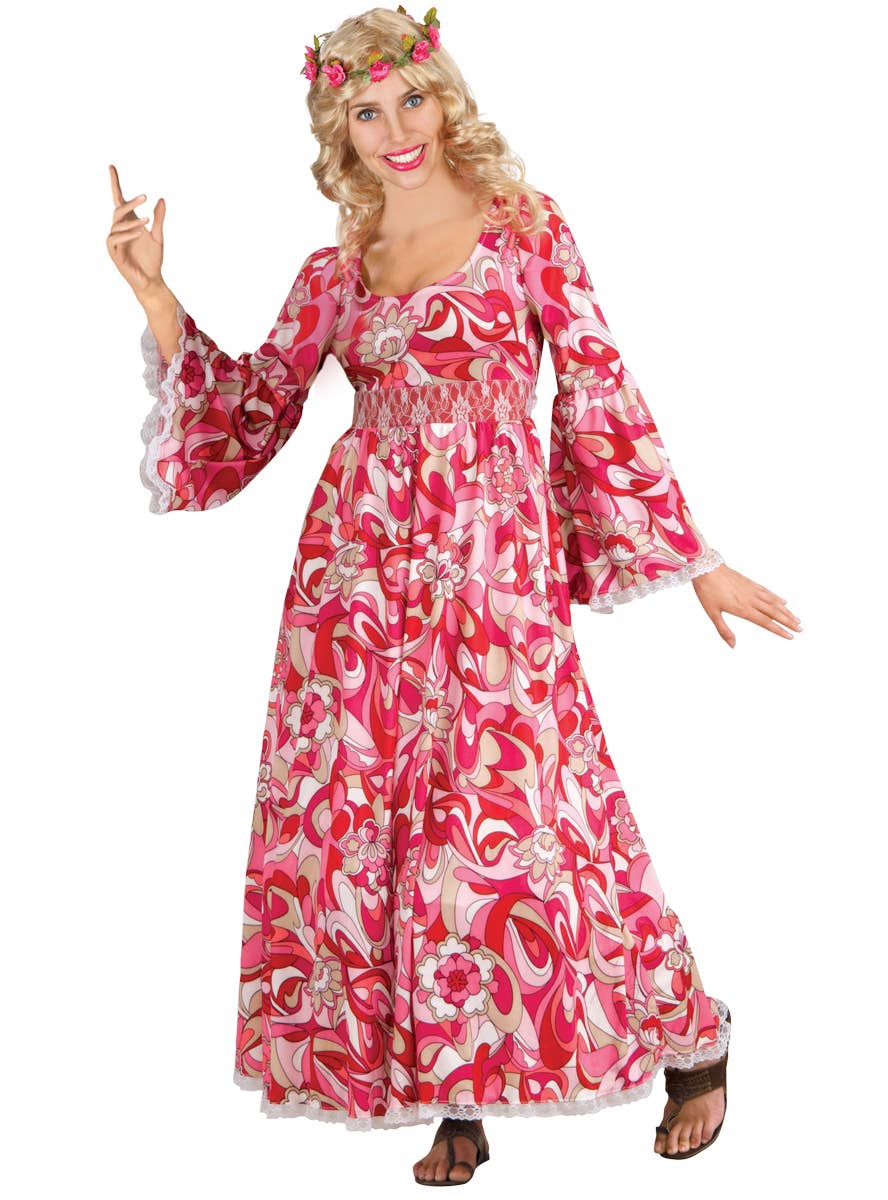 Pink Full Length Flower Power Womens 70s Hippie Costume