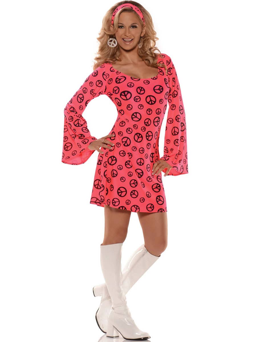 1970s Pink Peace Sign Hippie Costume Dress
