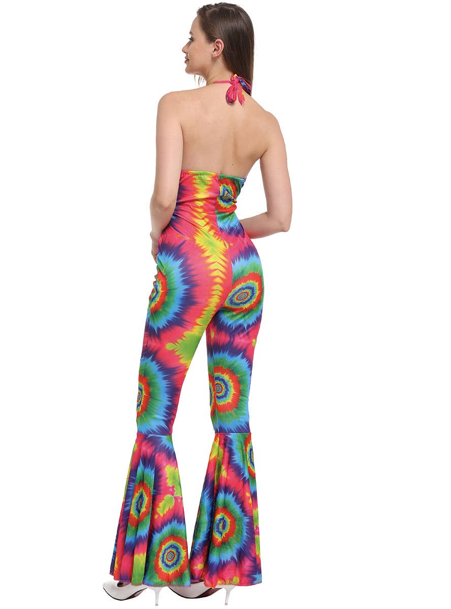 Rainbow Tie Dye Women's 1970s Groovy Costume Jumpsuit - Back View