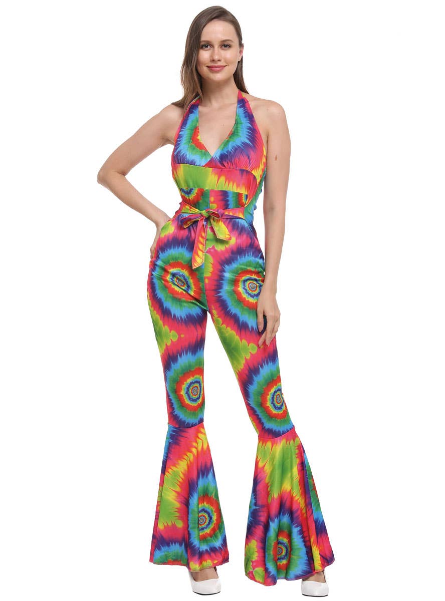 Rainbow Tie Dye Women's 1970s Groovy Costume Jumpsuit - Front View