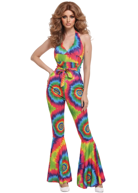 Rainbow Tie Dye Women's 1970s Groovy Costume Jumpsuit - Main Image