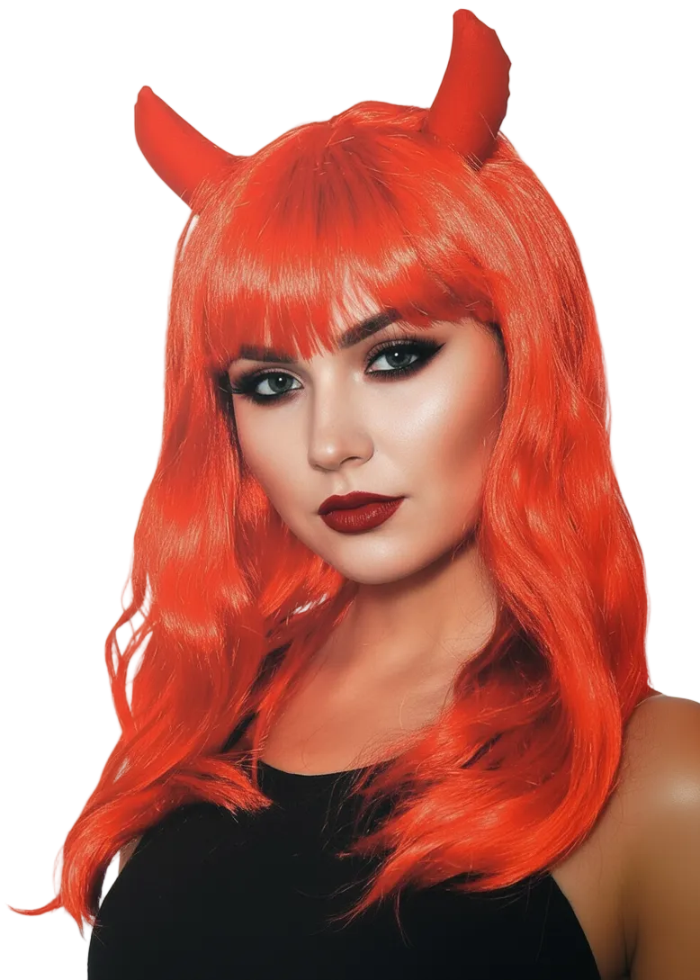 Wavy Red Devil Women's Costume Wig with Horns - Main Image