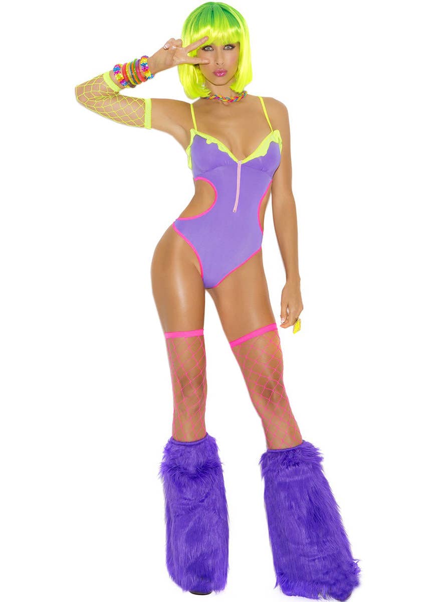 Image of Neon Purple Women's Sexy Cut Out Rave Bodysuit - Front View