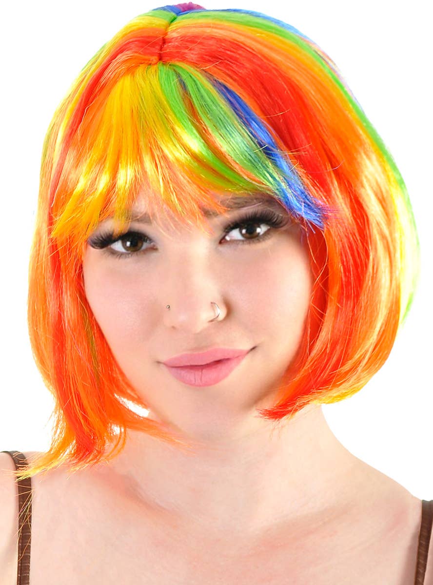 Women Girls Kids Fringe Costume Wig – Colorful Short Bob Straight Hair, Disco Theme, One Size