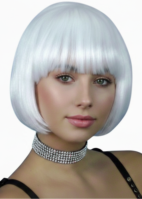 Womens Short White Bob Costume Wig With Fringe - Main Image