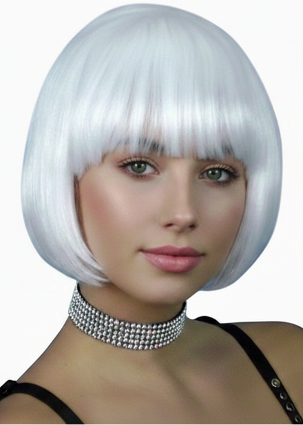 Womens Short White Bob Costume Wig With Fringe - Main Image