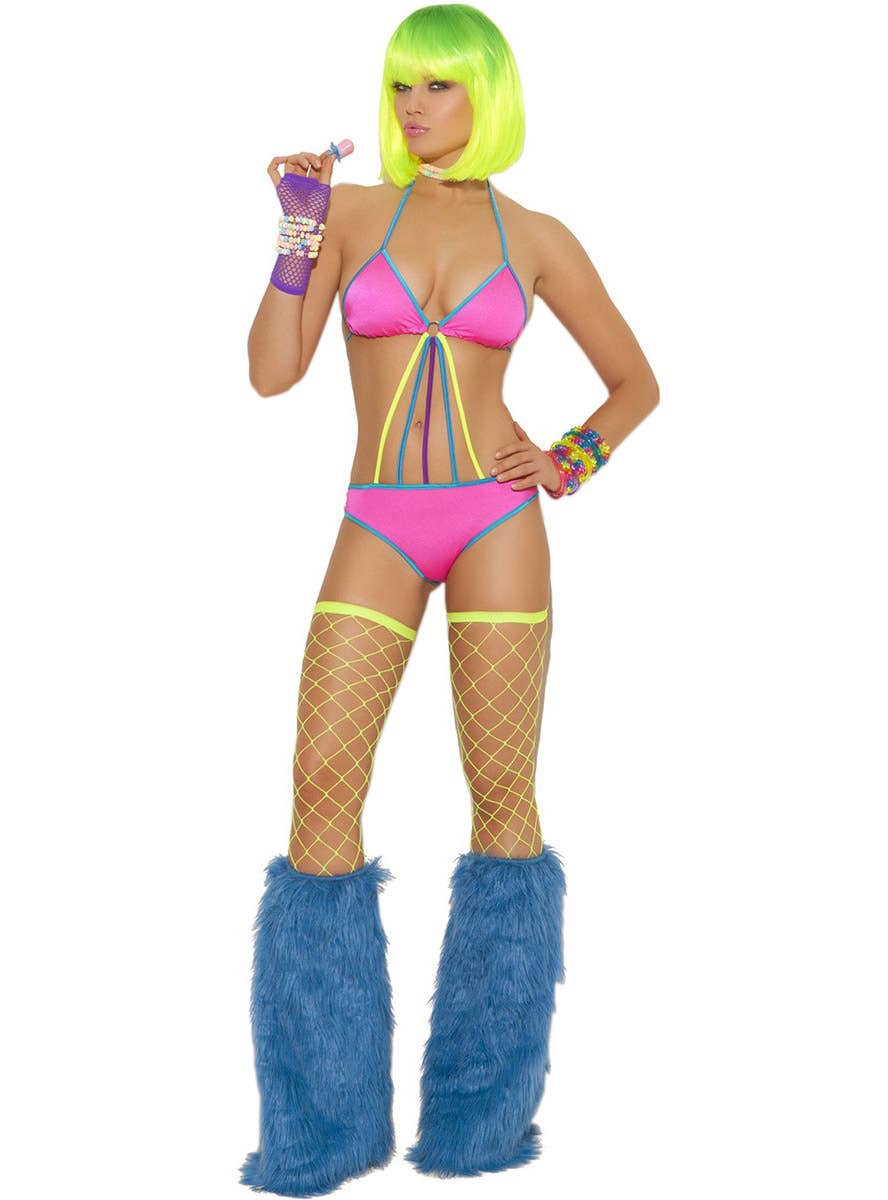 Image of Strappy Neon Pink Women's Sexy Rave Bodysuit