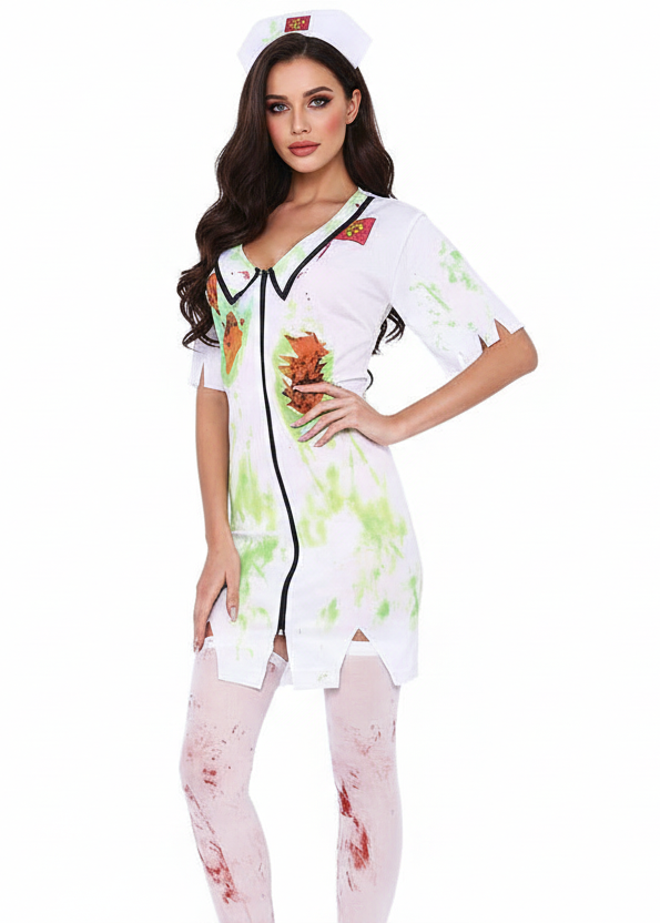 Image of Womens White and Green Zombie Nurse Costume - close image