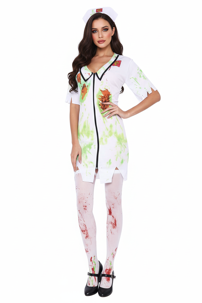 Image of Womens White and Green Zombie Nurse Costume - main image