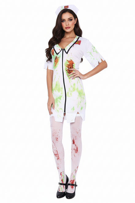 Image of Womens White and Green Zombie Nurse Costume - main image