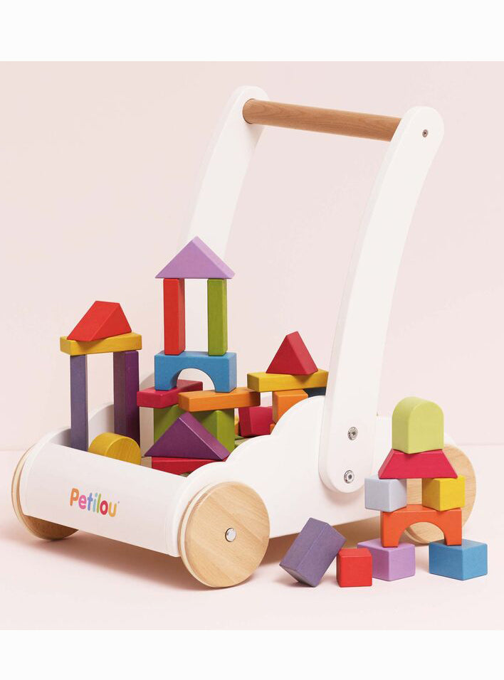 Wooden Baby Walker with 45 Piece Rainbow Blocks