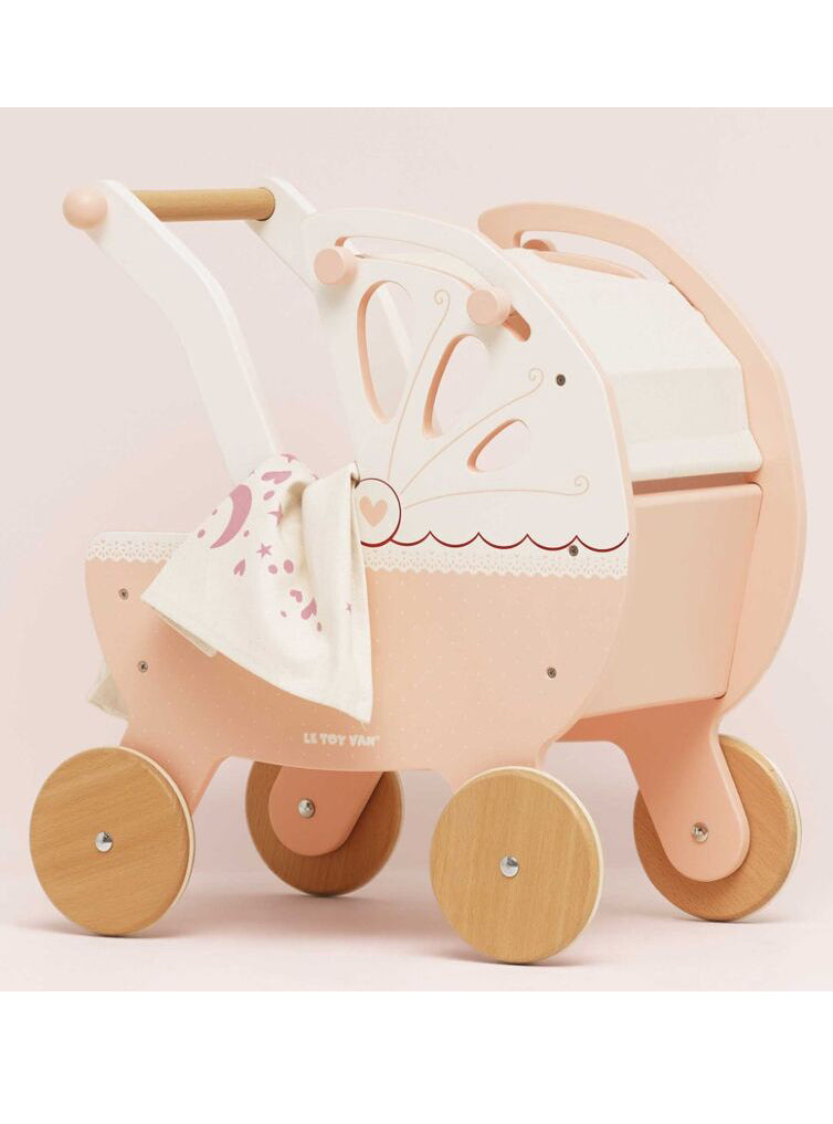Wooden Pink And White Kids Doll Pram - Lifestyle Image 1