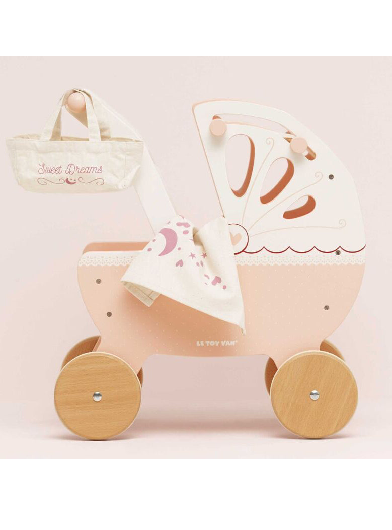 Wooden Pink And White Kids Doll Pram - Lifestyle Image 2